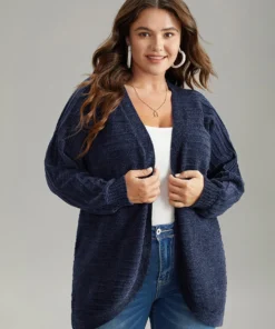 Plain Textured Dolman Sleeve Arc Hem Cardigan