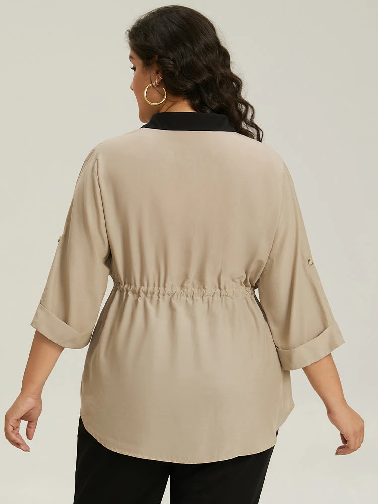 Contrast Drawstring Roll Tab Sleeve Patched Pocket Blouse 9 Contrast Drawstring Roll Tab Sleeve Patched Pocket Blouse - Image 7