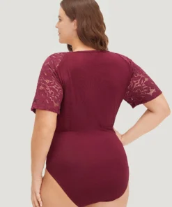 Plain Crochet Lace Mesh Surplice Neck Bodysuit -Clothing Shop 171551541 co