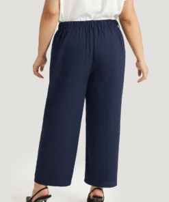 Plain Pocket Elastic Waist High Rise Pants -Clothing Shop 171988187 yk