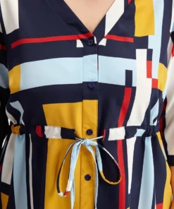 Geometric Contrast Drawstring Button Up Blouse -Clothing Shop 172200852 dh