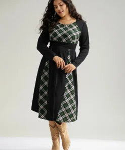 Christmas Plaid Patchwork Button Detail Dress -Clothing Shop 17248845 ja
