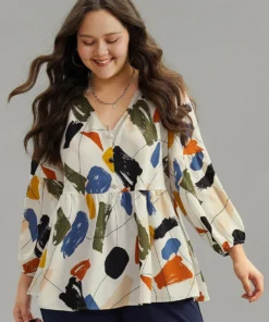 Brush Print Button Detail Elastic Cuffs Blouse -Clothing Shop 172534358 tu a04e8490 3176 4461 a2ae 8d0083a0bb33