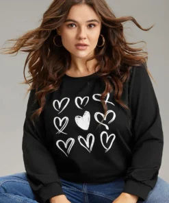 Heart Print Round Neck Sweatshirt -Clothing Shop 172689449 nt