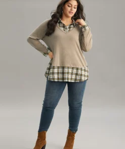 Plaid Patchwork Shirt Collar Curved Hem T-shirt 10 Plaid Patchwork Shirt Collar Curved Hem T-shirt -Clothing Shop 172816728 wf