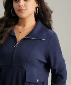 Solid Flap Pocket Half Zip Sweatshirt -Clothing Shop 173564092 am