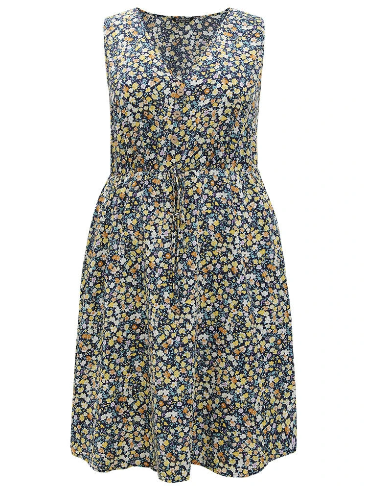 Ditsy Floral V Neck Pocket Gathered Sleeveless Dress 11 Ditsy Floral V Neck Pocket Gathered Sleeveless Dress - Image 9