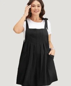 Solid Pleated Hem Pocket Tie Shoulder Overall Dress -Clothing Shop 174179542 hc 3e04ee1e 86a9 45b4 8fa1 b691b309f0a7
