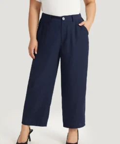 Plain Pocket Elastic Waist High Rise Pants -Clothing Shop 174275454 ox