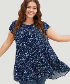 Allover Print Cap Sleeve Ruffle Hem Gathered Blouse -Clothing Shop 17440756 cx b7354d86 9469 451e a202 0d46f519d266