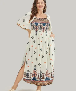 Bandana Print Square Neck Pocket Shirred Frill Trim Split Dress -Clothing Shop 174897815 aw