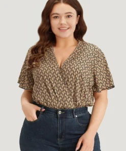 Graphic Print Surplice Neck Ruffle Sleeve Bodysuit