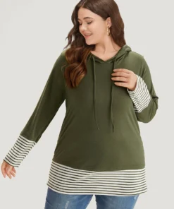 Striped Patchwork Hooded Drawstring T-shirt -Clothing Shop 175167727 oc