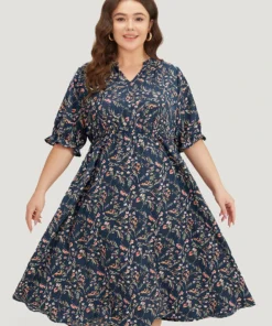 Ditsy Floral Notched Flutter Trim Elastic Waist Dress