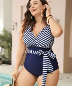 Striped Patchwork Wrap Knot Front One Piece Swimsuit -Clothing Shop 177217846 va