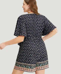 Bandana Print Wrap Ruffle Sleeve Pocket Belted Romper -Clothing Shop 177336885 zr