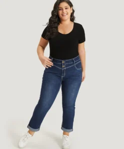 Contrast Stitch Roll Hem Straight Leg Jeans