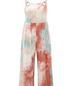 Tie Dye Pocket Button Adjustable Straps Jumpsuit -Clothing Shop 177826832 og