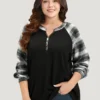 Plaid Patchwork Notched Button Detail Sweatshirt -Clothing Shop 178088943 tp bd42e228 bcf3 4a02 946e 8bcd922d467f
