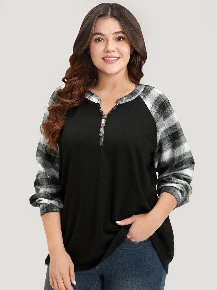 Plaid Patchwork Notched Button Detail Sweatshirt 3 Plaid Patchwork Notched Button Detail Sweatshirt