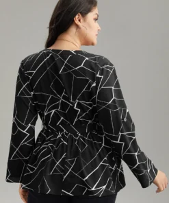 Geometric Print Tab Sleeve Belted Wrap Blouse -Clothing Shop 178185224 cg