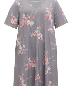 Floral Print Keyhole Pocket Lace Panel Night Dress -Clothing Shop 178207895 rs