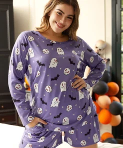 Halloween Bat Print Crew Neck Sleep Top -Clothing Shop 178316712 ko