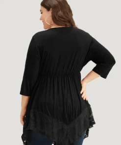 Plain Ruched Lace Patchwork Hanky Hem T-shirt -Clothing Shop 180284679 os