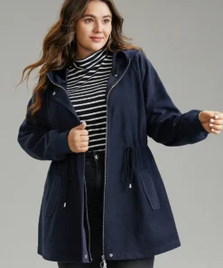 Solid O Ring Zipper Hooded Drawstring Coat