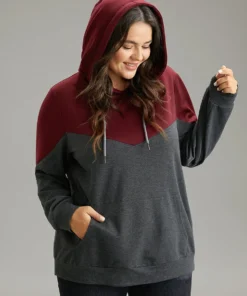 Contrast Patchwork Hooded Pocket Drawstring Sweatshirt -Clothing Shop 18127202 oq
