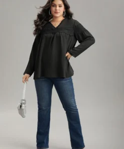 V Neck Lace Panel Gathered Blouse -Clothing Shop 181348339 sx