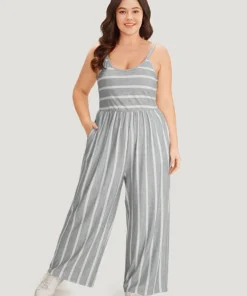 Striped Pocket Elastic Waist Cami Jumpsuits