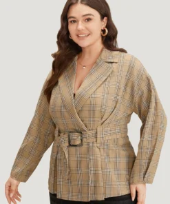 Plaid Metal Buckle Detail Pleated Coat -Clothing Shop 182215901 ff