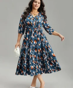 Allover Print Ruffle Layered Hem Wrap Belted Dress