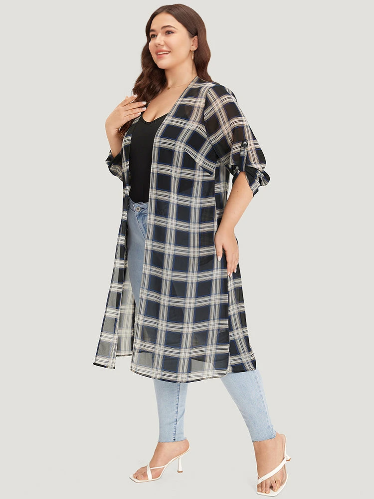 Plaid Pocket Open Front Roll Tab Sleeve Kimono 6 Plaid Pocket Open Front Roll Tab Sleeve Kimono - Image 4