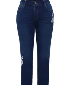 Floral Embroidered Very Stretchy High Rise Jeans -Clothing Shop 182772628 cn