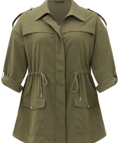 Solid Zipper Drawstring Tab Sleeve Trench Coat -Clothing Shop 183584487 gu