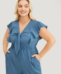 Solid Textured Ruffle Trim Cap Sleeve Pocket Knotted Jumpsuit -Clothing Shop 183708703 yl 884836ba 96a4 4b7a a890 160880b05af3