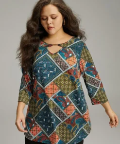 Paisley Colorblock Contrast Keyhole T-shirt -Clothing Shop 183722351 jr