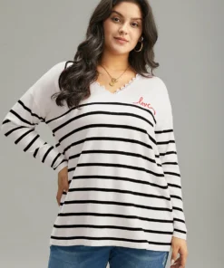 Supersoft Essentials Striped Letter Embroidered Lace Panel Pullover