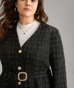 Tweed Metal Detail Belted V Neck Blazer -Clothing Shop 184233774 fw