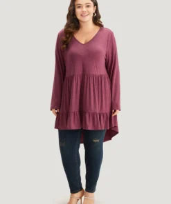 Solid Ruffle Layered Gathered High Low Hem T-shirt -Clothing Shop 184425624 tl