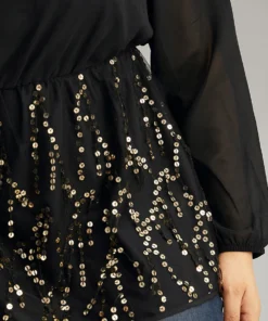 Sequin Mesh Patchwork Square Neck Blouse -Clothing Shop 184603209 xh