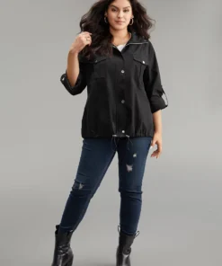 Solid Zipper Detail Button Up Drawstring Jacket 14 Solid Zipper Detail Button Up Drawstring Jacket -Clothing Shop 186104438 cc