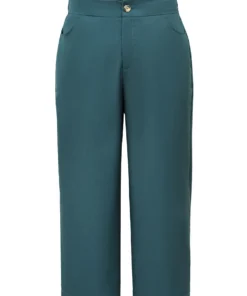 Elastic Waist Solid Pocket Straight Leg Pants -Clothing Shop 18663677 vy