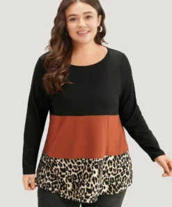 Colorblock Leopard Contrast Round Neck T-shirt -Clothing Shop 186920797 gf eadb7f7e 709b 40a0 9978 c12288ba53d8