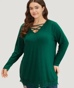 Solid Lace Panel Crisscross V Neck T-shirt -Clothing Shop 187101738 bh 994d21a2 0192 4166 b112 ca7b181e3640