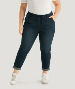 Plain Drawstring Front Roll Hem Jeans