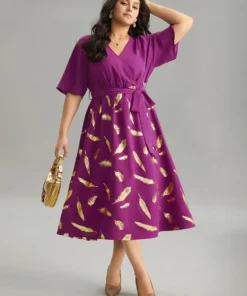 Feather Glitter Elastic Waist Patchwork Wrap Belted Dress