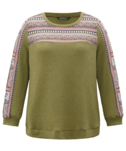 Boho Print Patchwork Waffle Knit Crew Neck Sweatshirt -Clothing Shop 189571978 xr 5e3424d6 e966 45b0 a323 6b4f83afa801